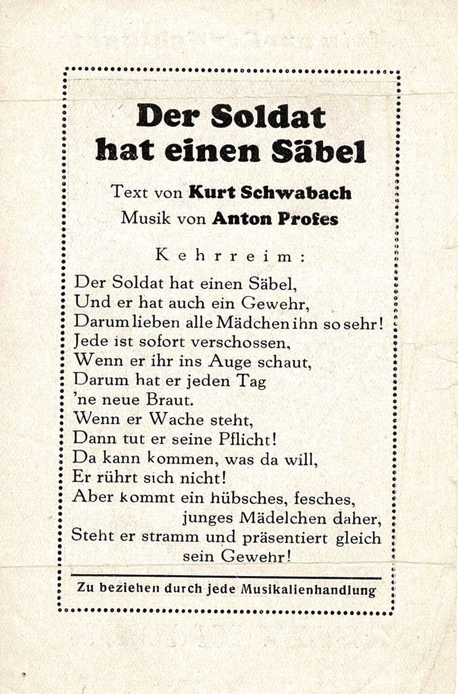 Werbezettel Der Soldat hat einen Säbel Kehrreim
