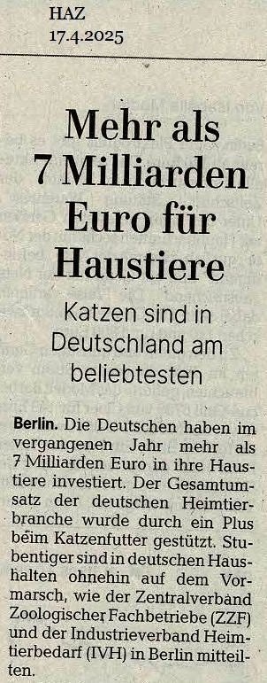 Tierfutter Milliarden HAZ 17 4 2025 Ausschnitt Tierfutter Milliarden HAZ 17 4 2025 Ausschnitt