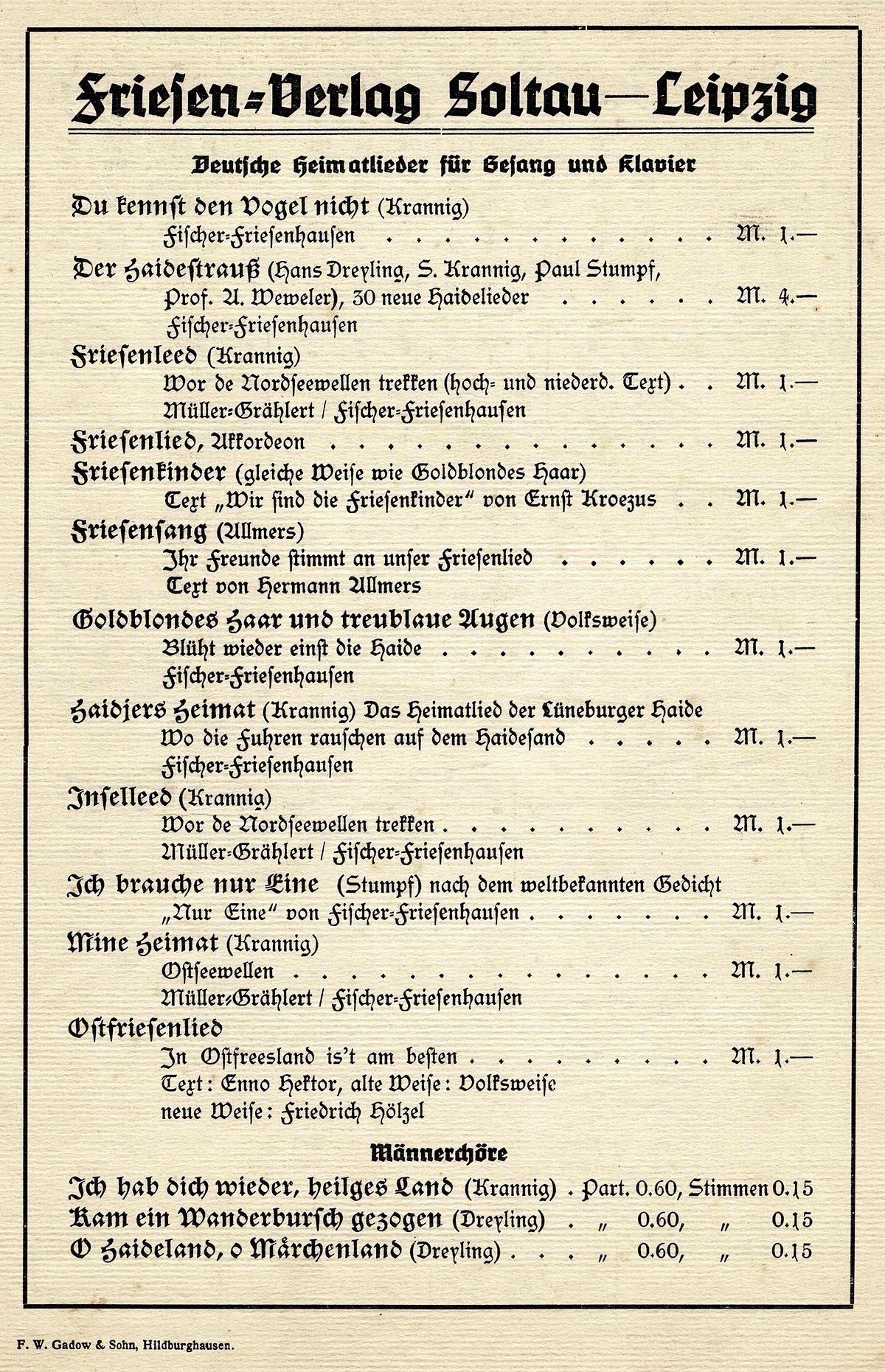 Friesenlied Verlagswerbung Friesen Verlag Soltau