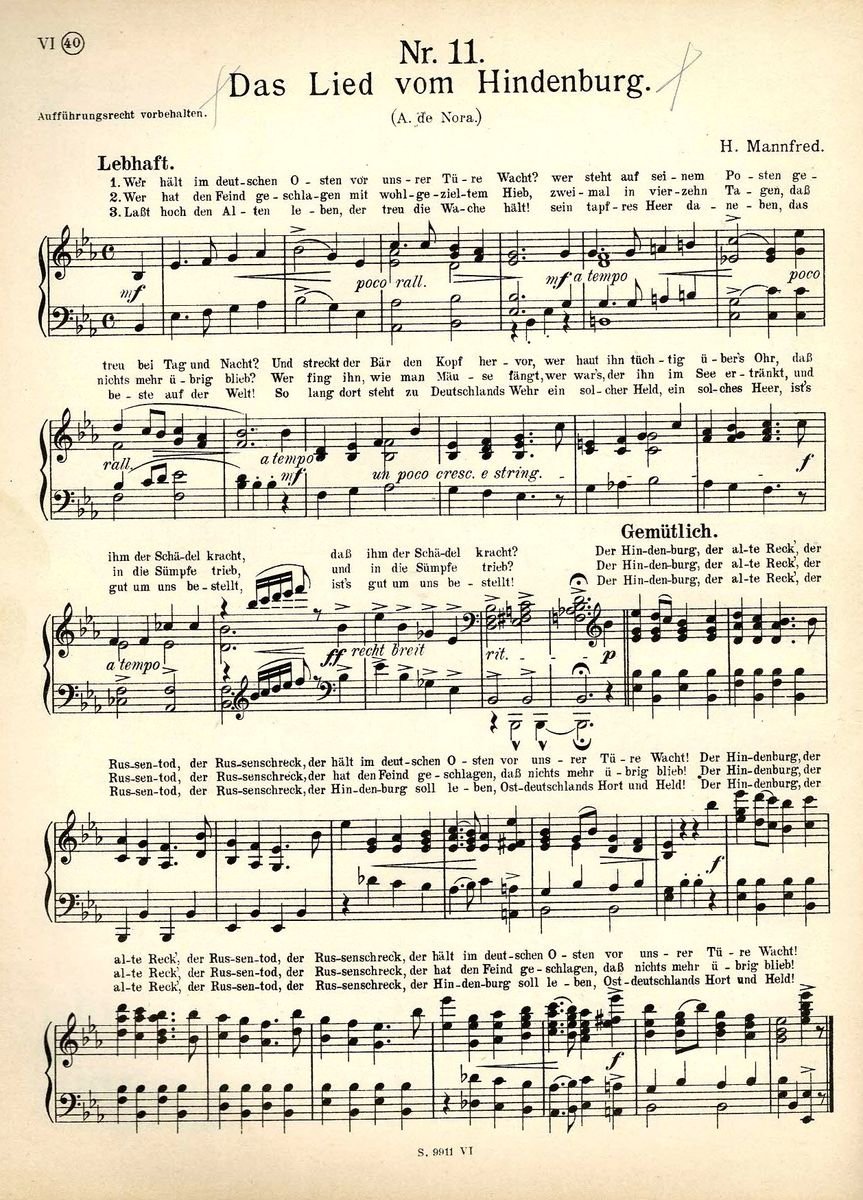 Das Lied vom Hindenburg, Schwert und Leier S. VI/40 Das Lied vom Hindenburg Schwert und Leier S VI 40