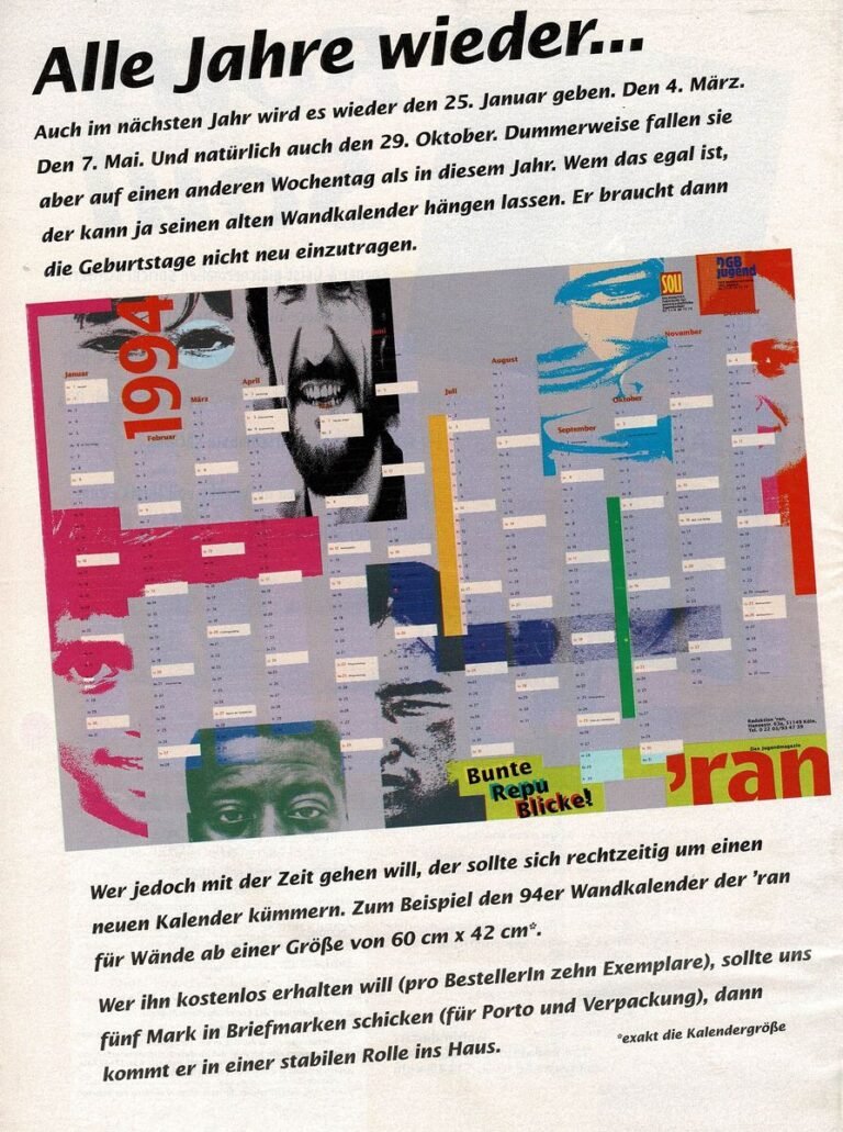 ran Wandkalender Titel Lied ran 11 1993