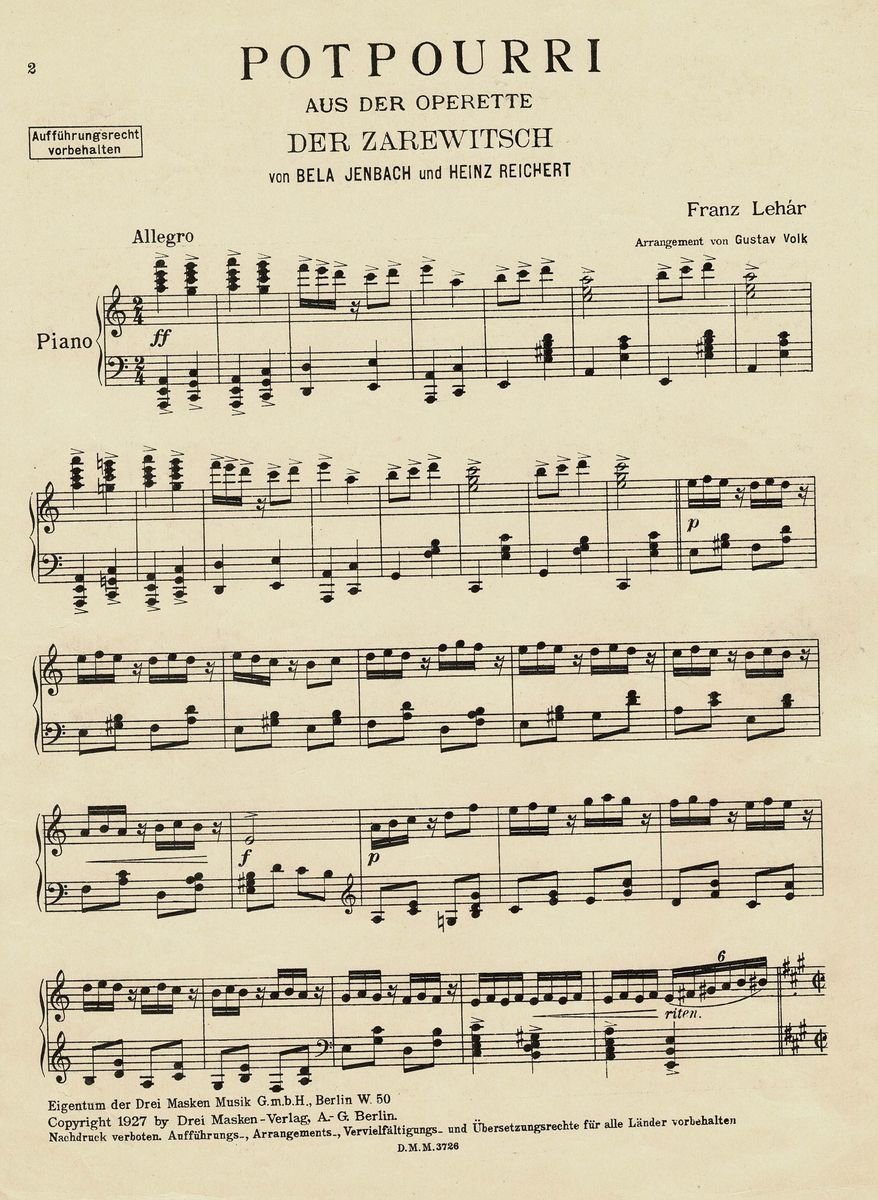 1927 Der Zarewitsch Potpourri Notenseite