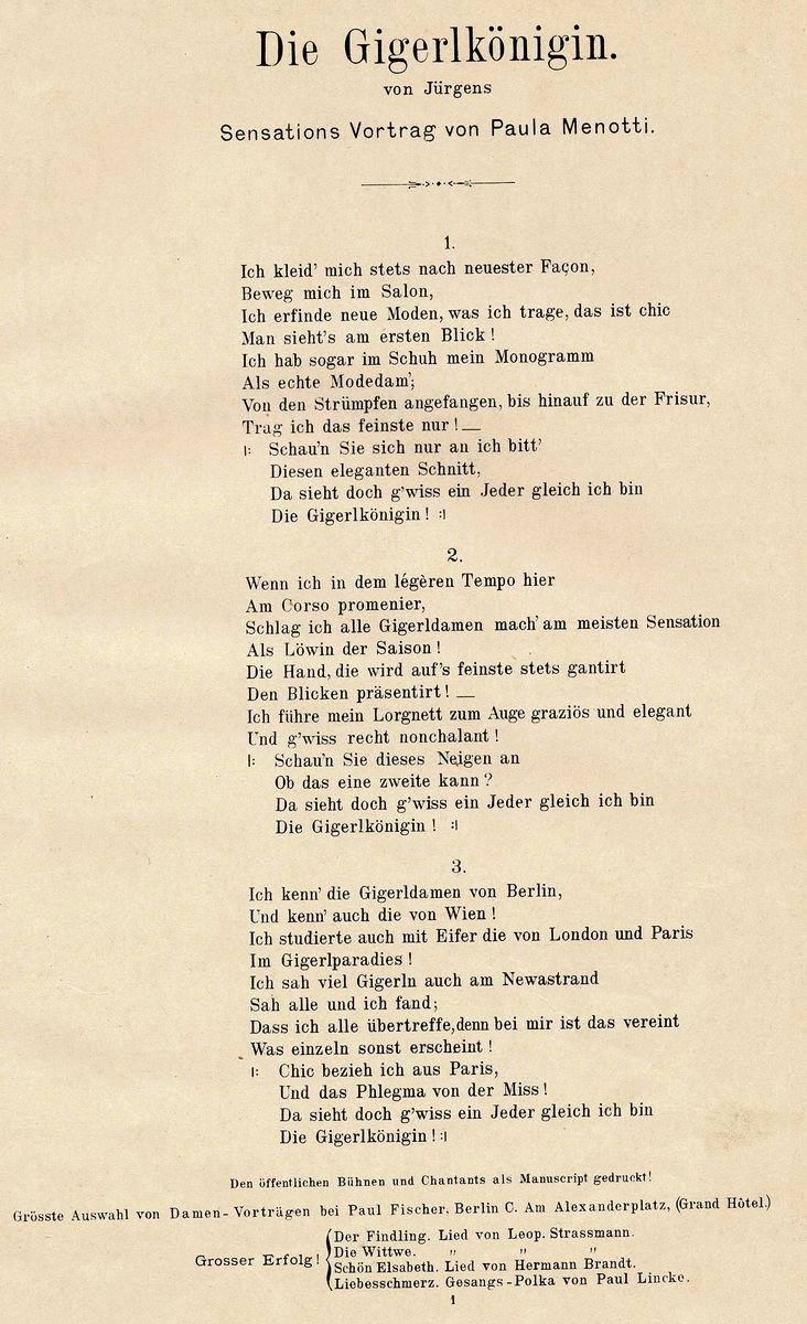 Die Gigerlkönigin Textblatt Die Gigerlkönigin Textblatt