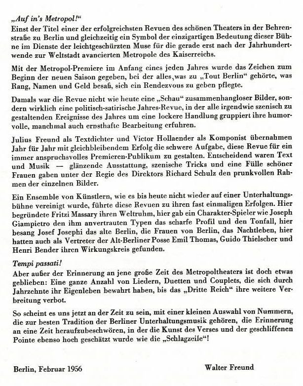 Auf ins Metropol, Vorwort 1956 von Walter Freund