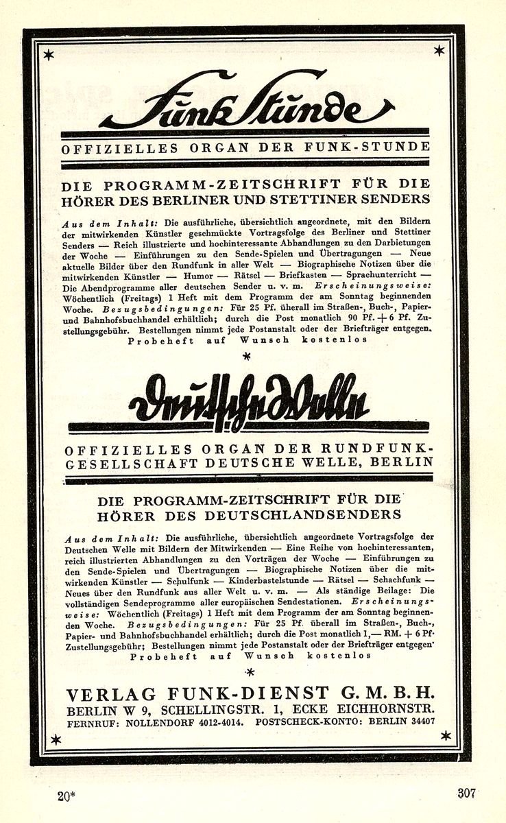 Funkstunde und Deutsche Welle Annonce