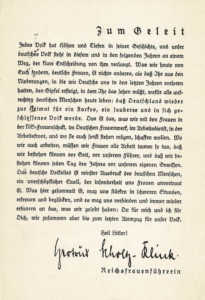 Frauenliederbuch Geleitwort Scholtz Klink