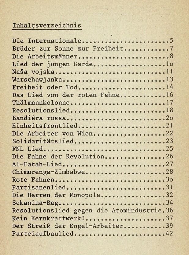 Kampf und Arbeiterlieder, Inhaltsverzeichnis Kampf und Arbeiterlieder Inhalt